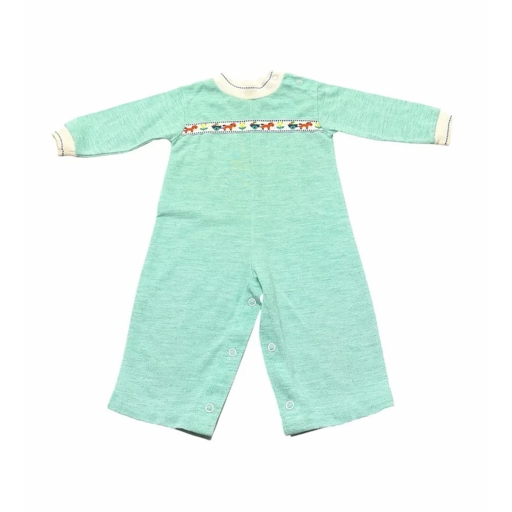 Vtg HealthTex Romper 70s 80s Zip Button 12M Boys Green Horse‎ Jumpsuit Retro